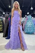 Strapless Sleeveless Empire A-Line Tiered Slit Long Prom Dress