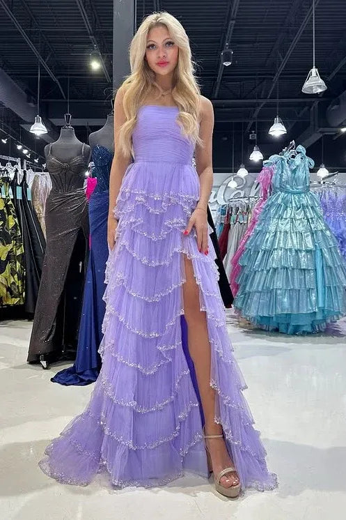 Strapless Sleeveless Empire A-Line Tiered Slit Long Prom Dress