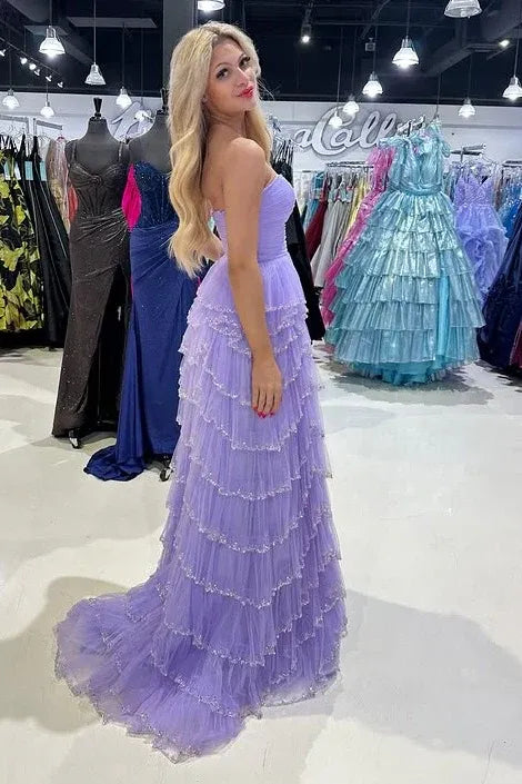 Strapless Sleeveless Empire A-Line Tiered Slit Long Prom Dress