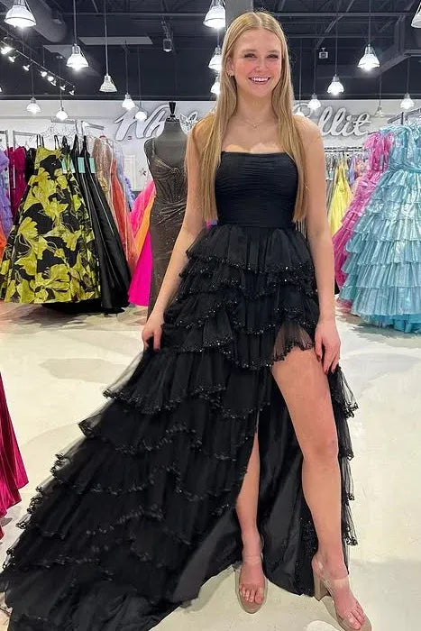 Strapless Sleeveless Empire A-Line Tiered Slit Long Prom Dress