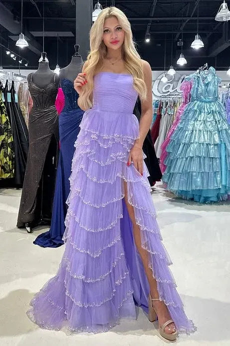 Strapless Sleeveless Empire A-Line Tiered Slit Long Prom Dress
