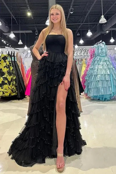 Strapless Sleeveless Empire A-Line Tiered Slit Long Prom Dress