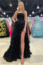 Strapless Sleeveless Empire A-Line Tiered Slit Long Prom Dress