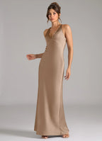 Elegant Taupe Satin Bridesmaid Dresses with Lace Trim V-Neck, Crisscross Back and Sheath Silhouette