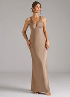 Elegant Taupe Satin Bridesmaid Dresses with Lace Trim V-Neck, Crisscross Back and Sheath Silhouette
