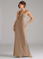 Elegant Taupe Satin Bridesmaid Dresses with Lace Trim V-Neck, Crisscross Back and Sheath Silhouette