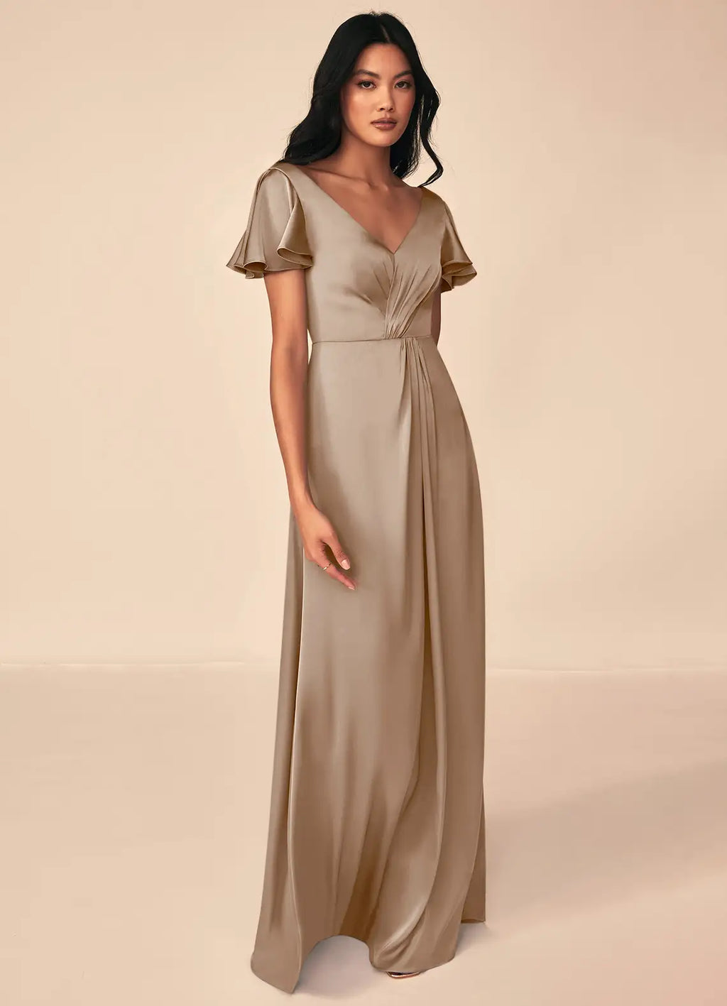 Elegant Taupe Satin Bridesmaid Dress with Flutter Sleeves, V-Neck and A-Line Skirt