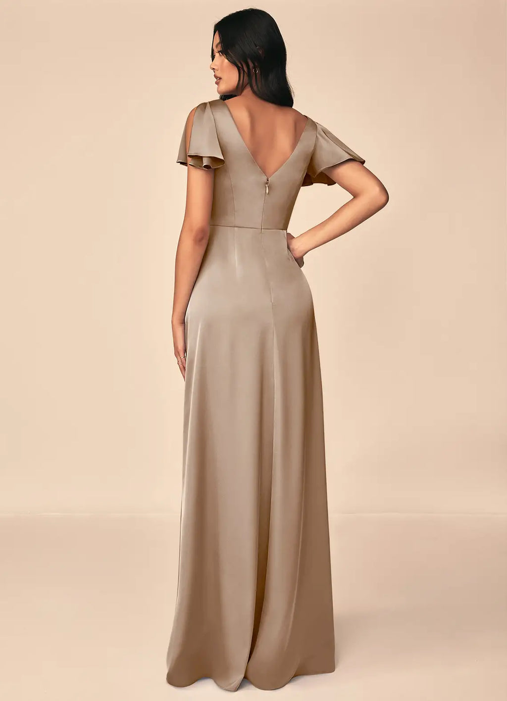Elegant Taupe Satin Bridesmaid Dress with Flutter Sleeves, V-Neck and A-Line Skirt