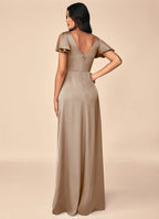 Elegant Taupe Satin Bridesmaid Dress with Flutter Sleeves, V-Neck and A-Line Skirt