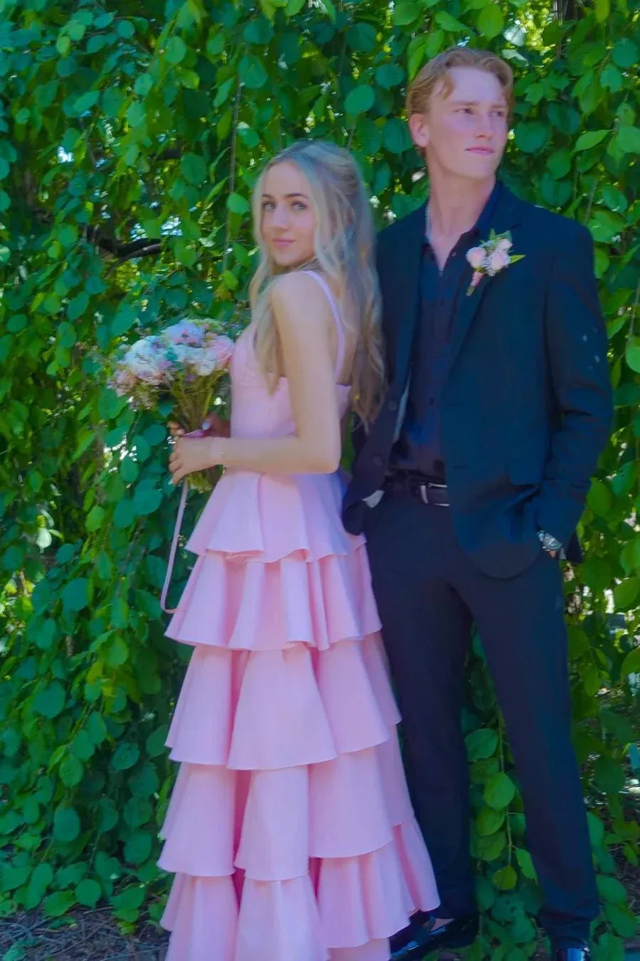 Tiered Spaghetti Strap Sleeveless Maxi Prom Dress