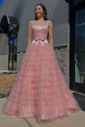 Tiered Square Neck Sleeveless Prom Dress With Bow