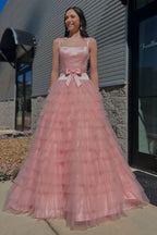 Tiered Square Neck Sleeveless Prom Dress With Bow