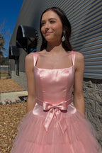 Tiered Square Neck Sleeveless Prom Dress With Bow