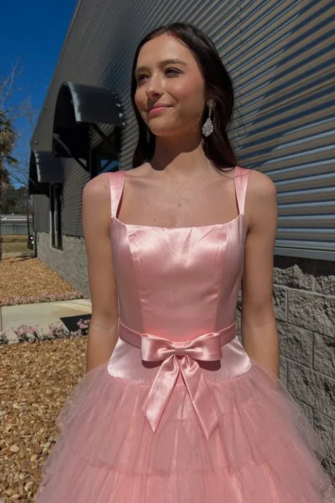 Tiered Square Neck Sleeveless Prom Dress With Bow
