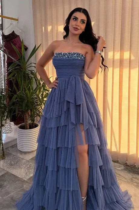 Tiered Strapless Sleeveless Prom Dress With Slit
