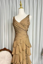 Tiered V Neck Sleeveless Ruched Maxi Formal Dress