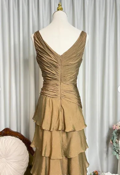 Tiered V Neck Sleeveless Ruched Maxi Formal Dress
