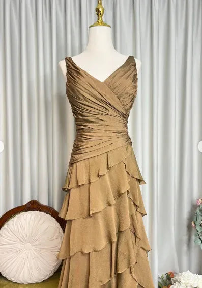 Tiered V Neck Sleeveless Ruched Maxi Formal Dress