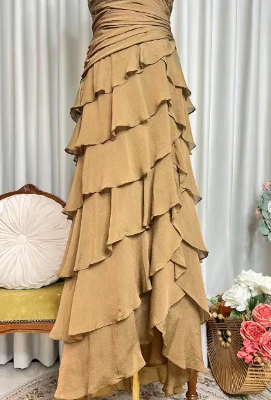 Tiered V Neck Sleeveless Ruched Maxi Formal Dress