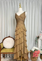 Tiered V Neck Sleeveless Ruched Maxi Formal Dress