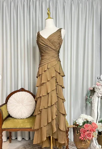 Tiered V Neck Sleeveless Ruched Maxi Formal Dress
