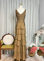 Tiered V Neck Sleeveless Ruched Maxi Formal Dress