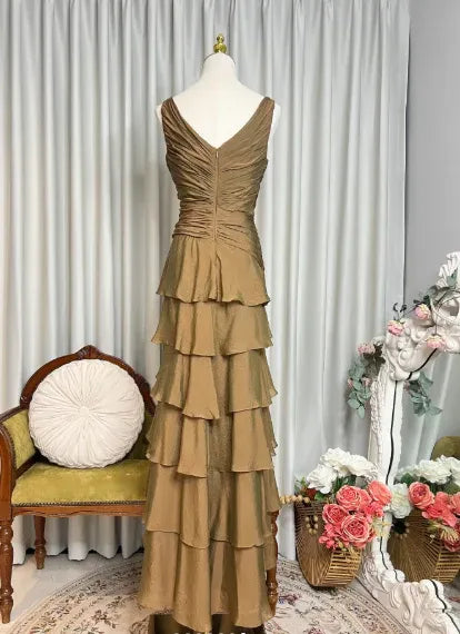 Tiered V Neck Sleeveless Ruched Maxi Formal Dress