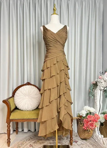 Tiered V Neck Sleeveless Ruched Maxi Formal Dress