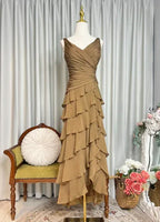 Tiered V Neck Sleeveless Ruched Maxi Formal Dress