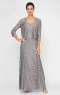 Two-Piece Square Neck Long Sleeve Zipper Up Floor-Length Mother of the Bride Dress