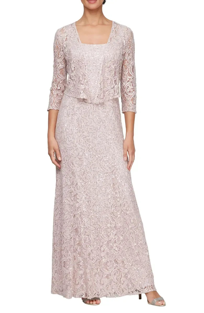 Two-Piece Square Neck Long Sleeve Zipper Up Floor-Length Mother of the Bride Dress