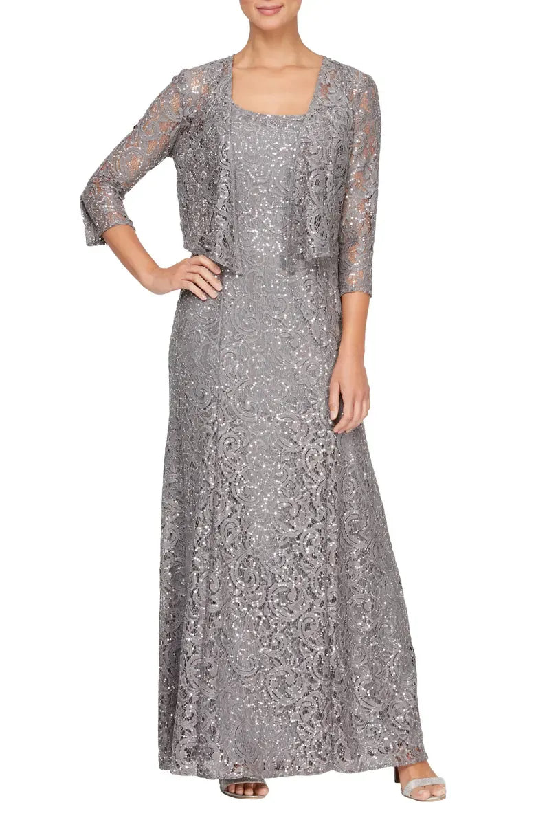 Two-Piece Square Neck Long Sleeve Zipper Up Floor-Length Mother of the Bride Dress