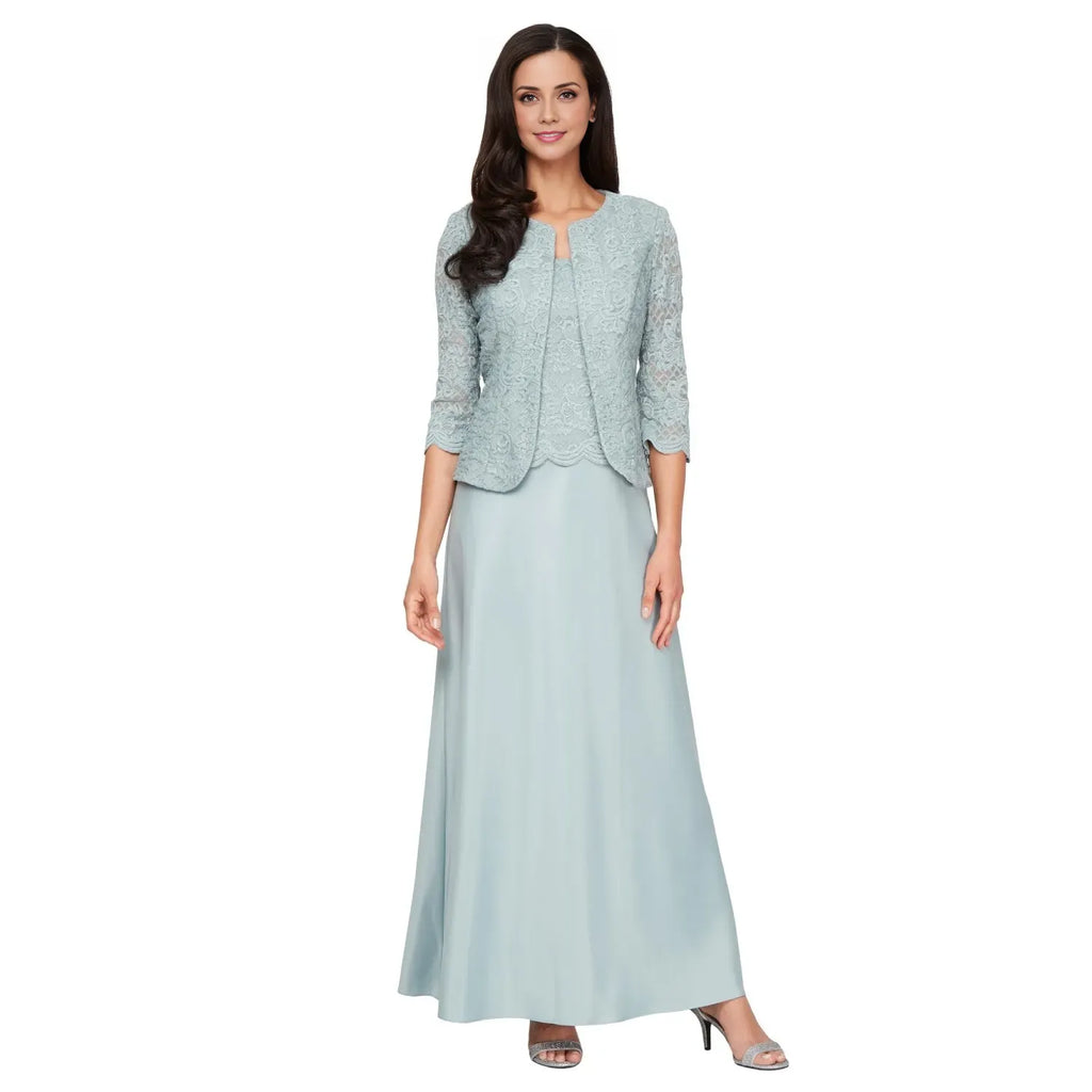 Two-Piece Square Neck Long Sleeve Zipper Up Floor-Length Mother of the Bride Dress