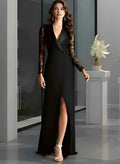 V-Neck Long Sleeves A-Line Slit Sweep Train Evening Dress