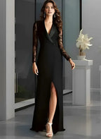 V-Neck Long Sleeves A-Line Slit Sweep Train Evening Dress