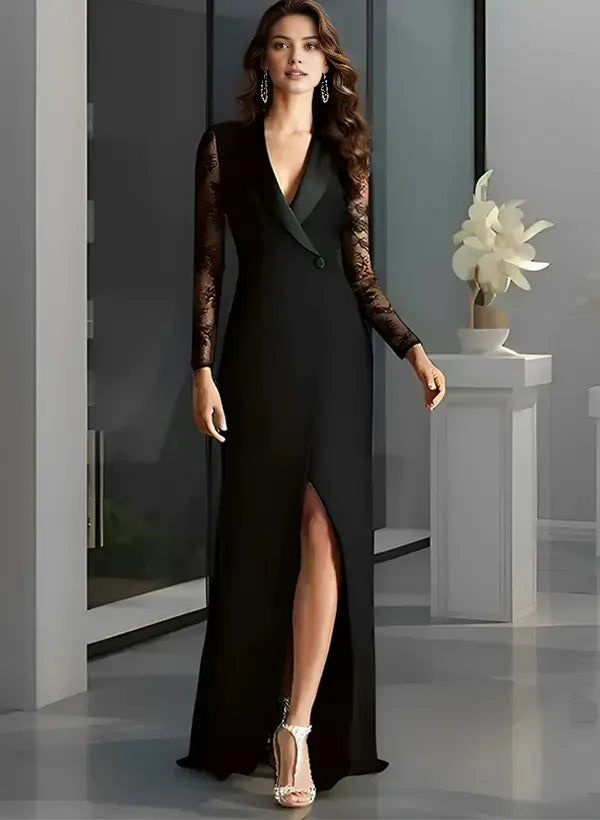 V-Neck Long Sleeves A-Line Slit Sweep Train Evening Dress