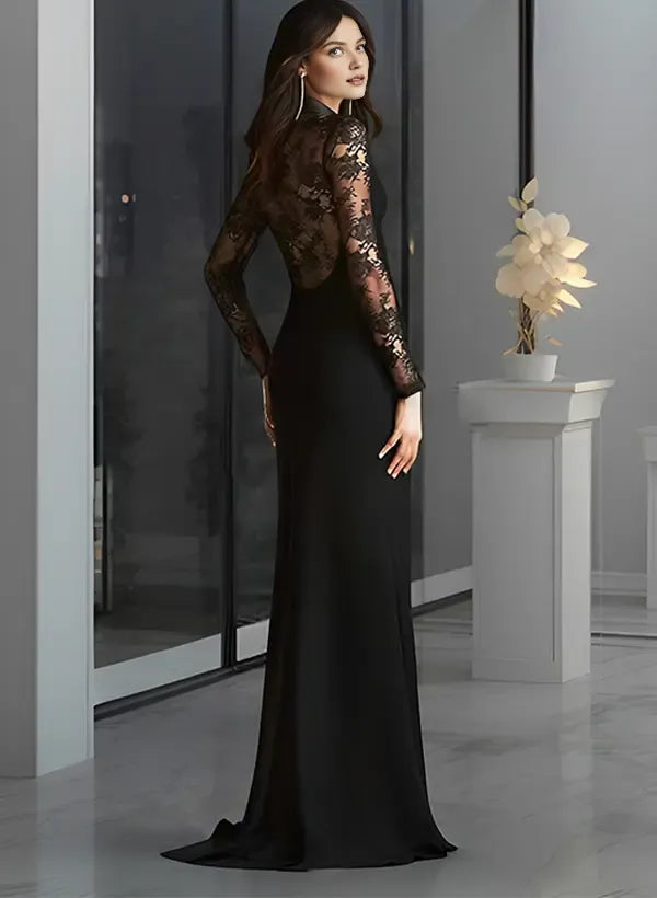 V-Neck Long Sleeves A-Line Slit Sweep Train Evening Dress