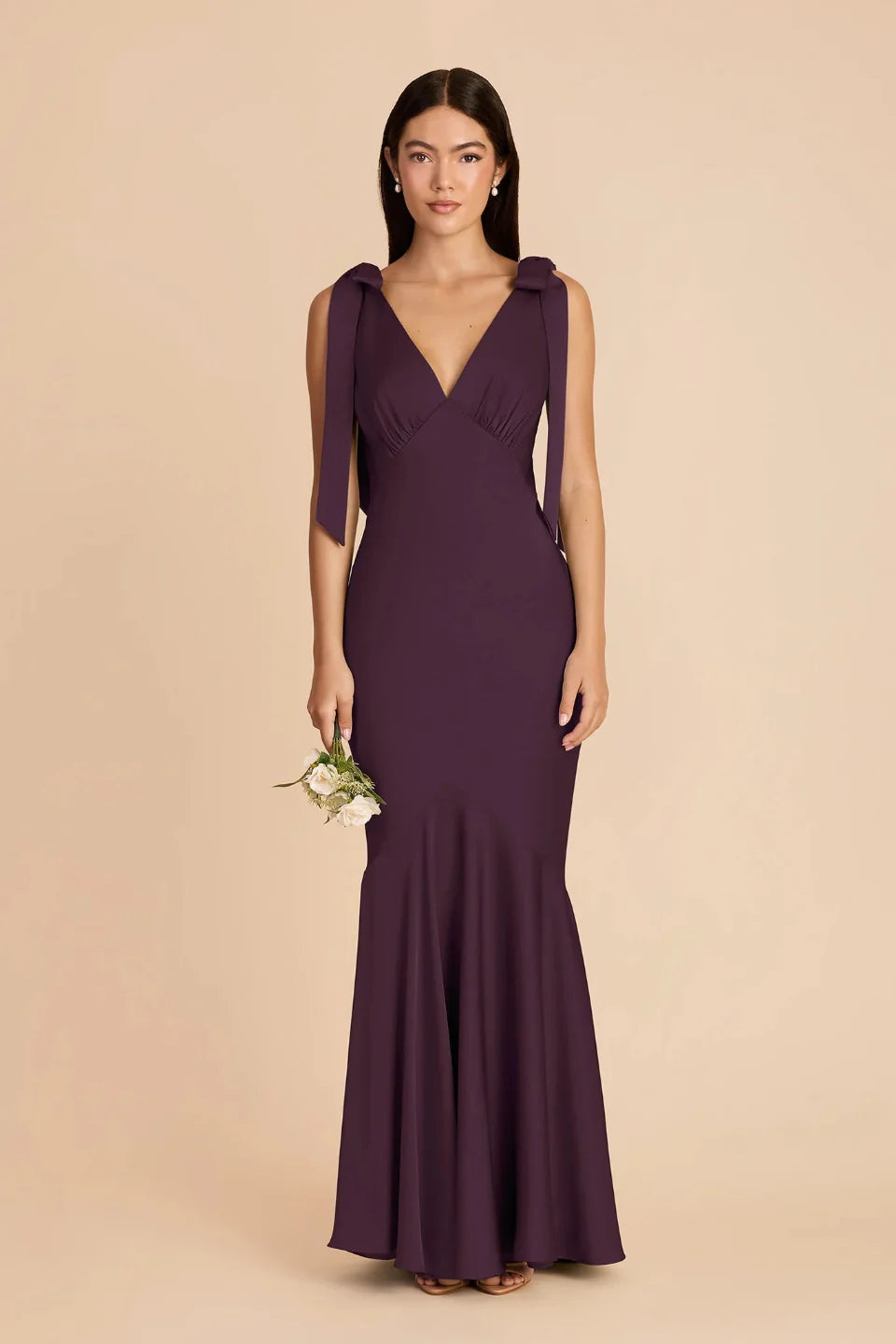 Elegant V-Neck Satin Bridesmaid Dress with Bow Shoulder Straps and Flounced Mermaid Skirt