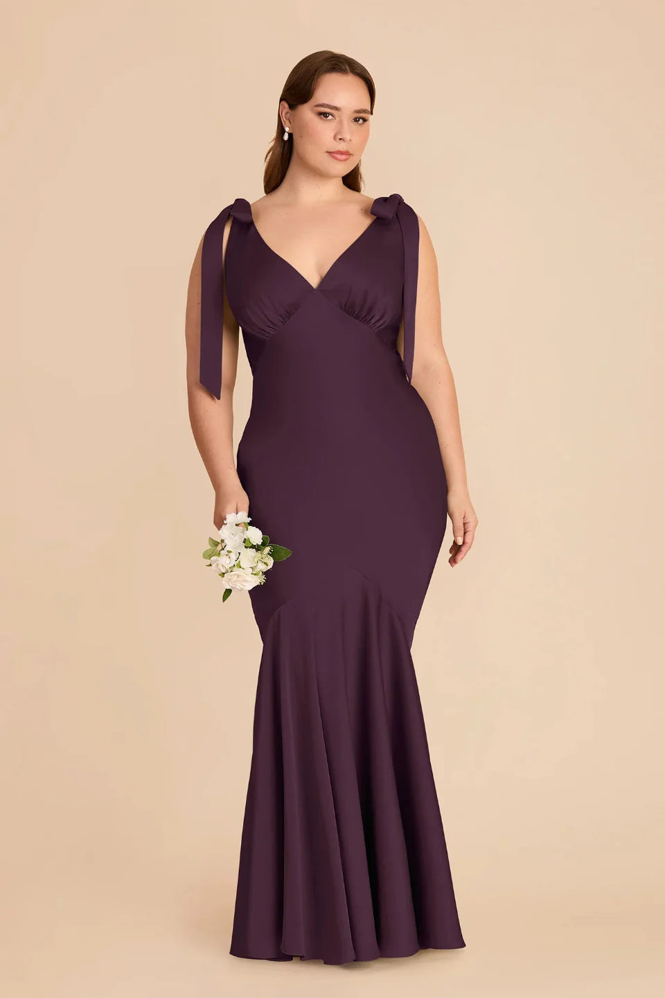 Elegant V-Neck Satin Bridesmaid Dress with Bow Shoulder Straps and Flounced Mermaid Skirt