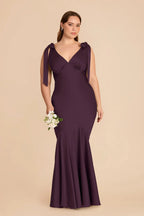 Elegant V-Neck Satin Bridesmaid Dress with Bow Shoulder Straps and Flounced Mermaid Skirt