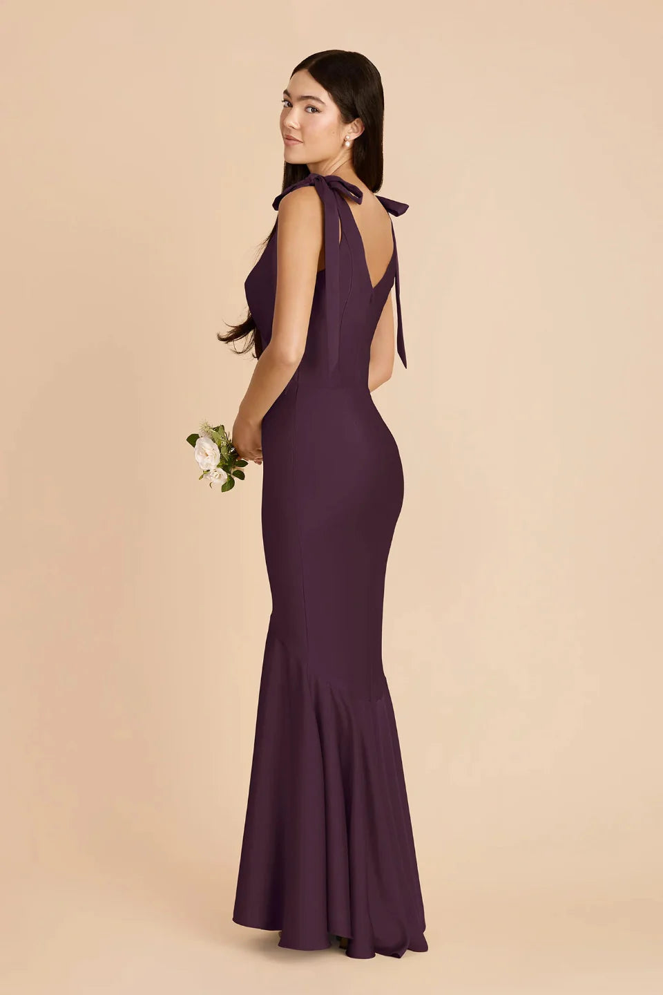 Elegant V-Neck Satin Bridesmaid Dress with Bow Shoulder Straps and Flounced Mermaid Skirt