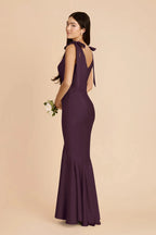 Elegant V-Neck Satin Bridesmaid Dress with Bow Shoulder Straps and Flounced Mermaid Skirt
