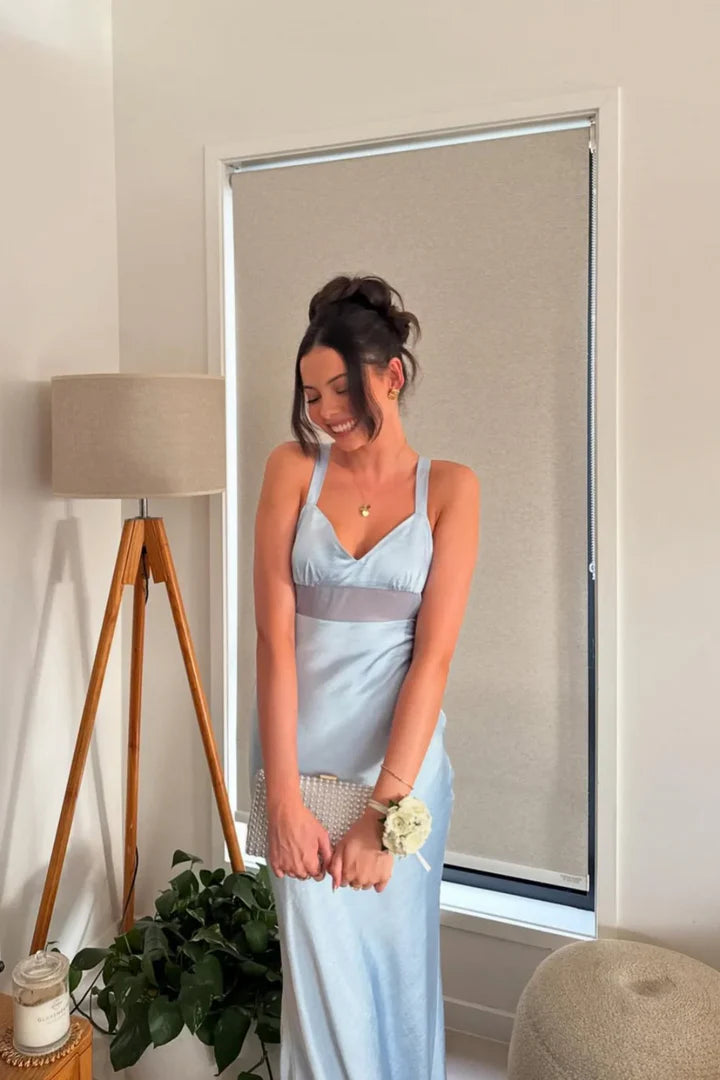 Light Blue Satin Sweetheart Floor-Length Prom Dress with Mesh Panel and Tie-Back