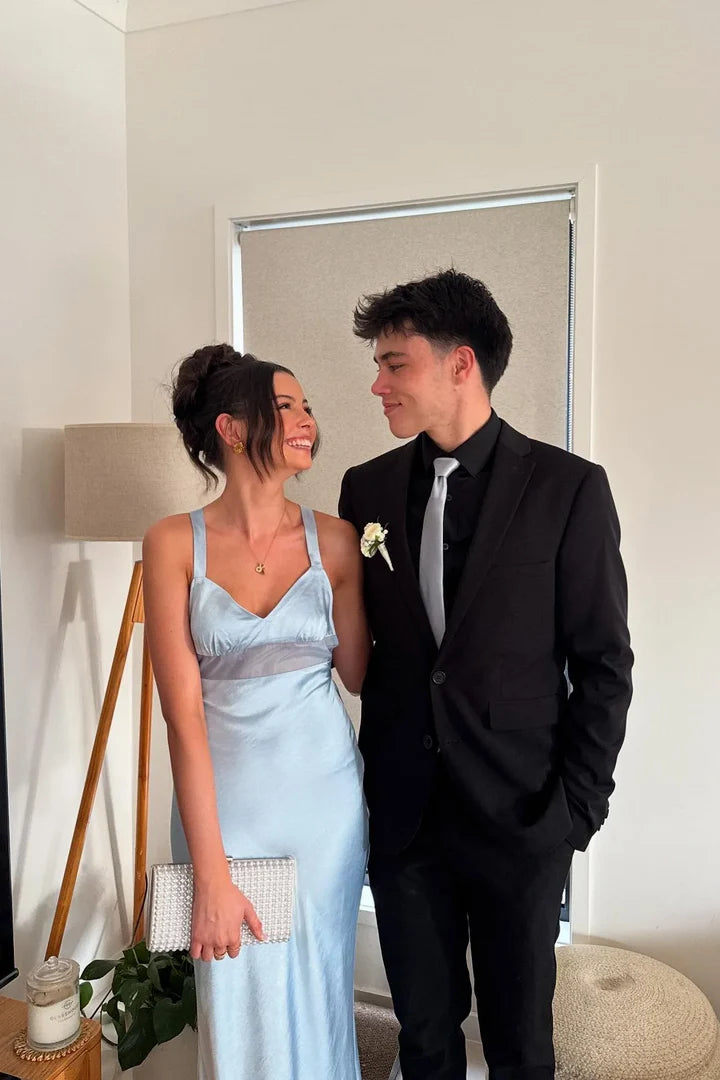 Light Blue Satin Sweetheart Floor-Length Prom Dress with Mesh Panel and Tie-Back