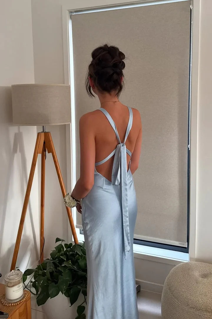 Light Blue Satin Sweetheart Floor-Length Prom Dress with Mesh Panel and Tie-Back