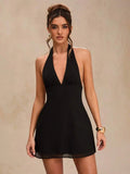 Black Halter Backless Deep V-Neck A-Line Mini Homecoming Dress
