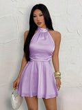 Lavender A-Line Halter Backless Tie Mini Homecoming Dress
