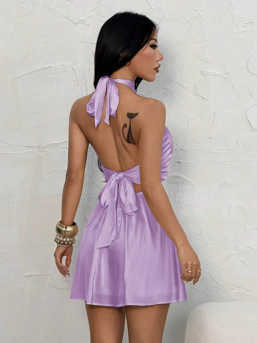 Lavender A-Line Halter Backless Tie Mini Homecoming Dress