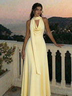 Yellow A-Line Halter Cowl Neck Flowy Sophisticated Pale Floor-Length Prom Dress