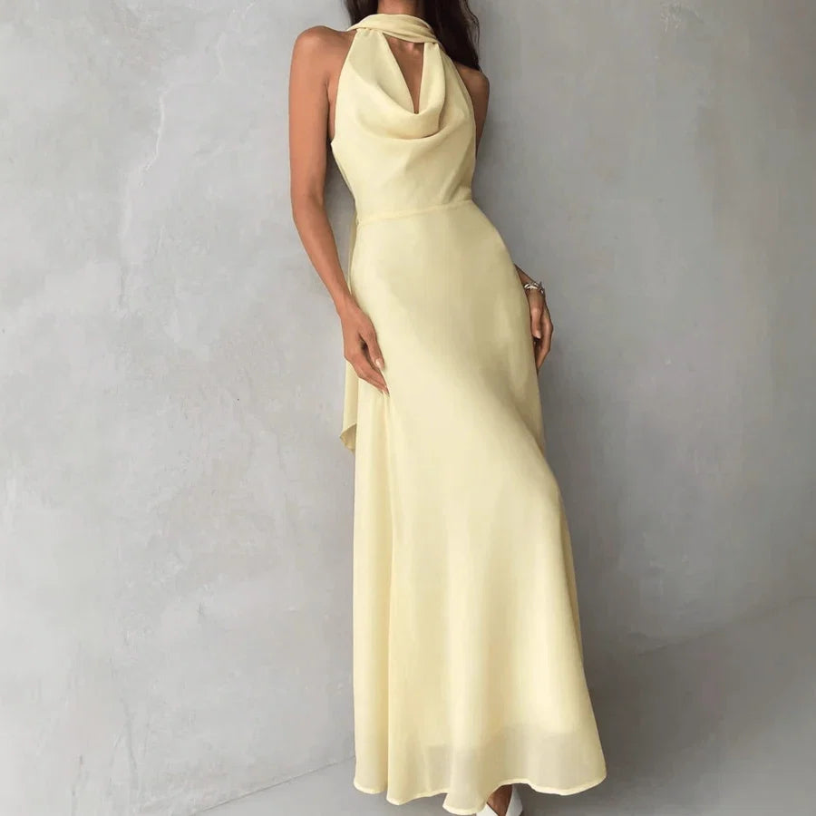 Yellow A-Line Halter Cowl Neck Flowy Sophisticated Pale Floor-Length Prom Dress